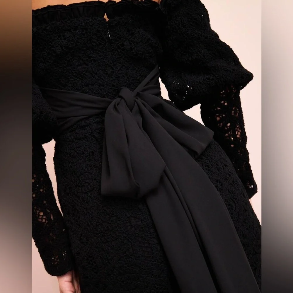 ASOS NWT Black Romantic Victorian Off Shoulder Crochet Bow Cotton Midi Dress - Picture 4 of 4